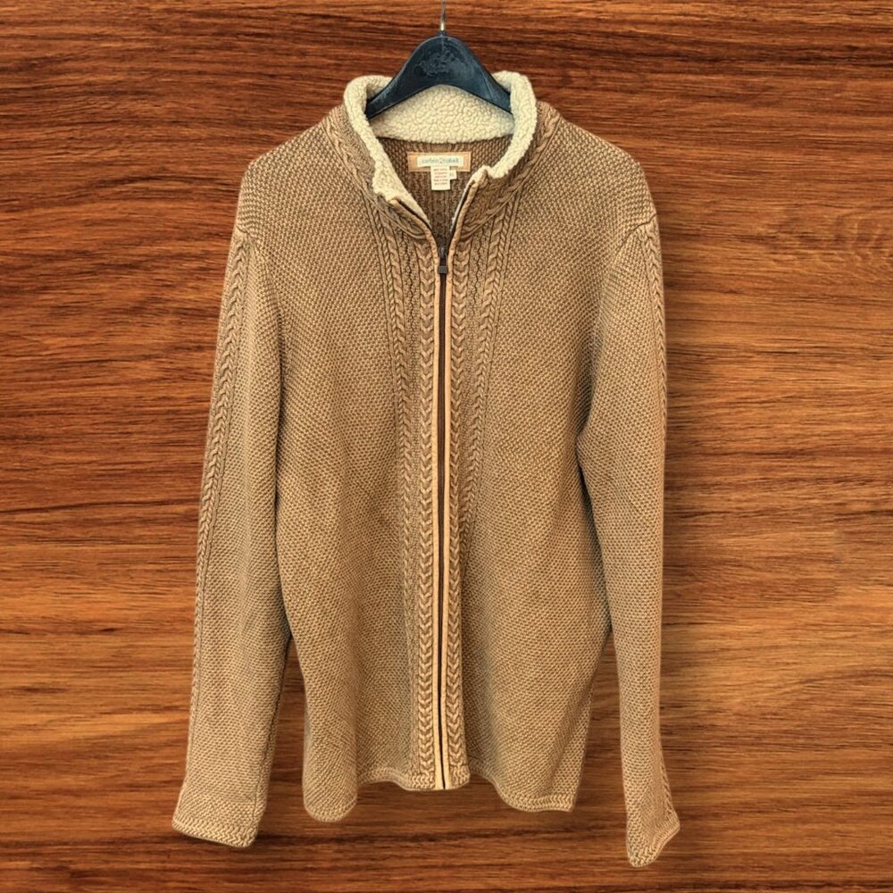 Sunwashed Gold Mock Neck Zip Front Cotton Cable Sweater-Jac - Size XL